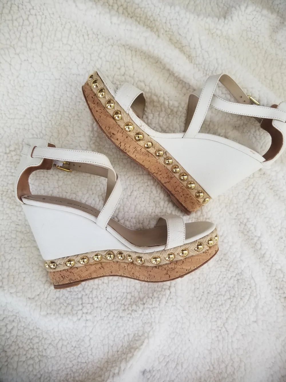 Via Spiga White Wedge Sandals with Gold Stud Trim